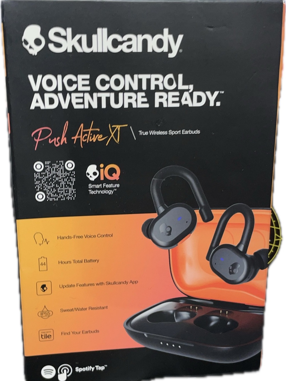 Skullcandy Black Earbuds with Orange and Yellow Accent Packaging
